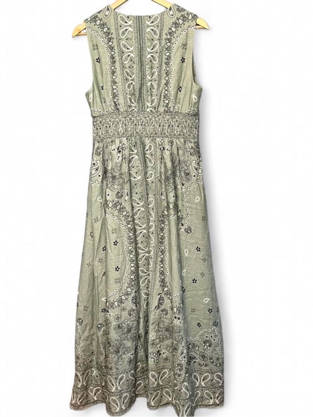 Christian Lacroix Olive Paisley Maxi Dress with V-Neck and Tie - Picture 2 of 8